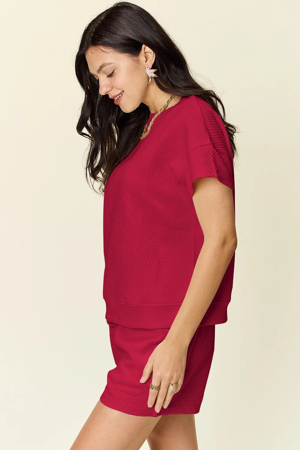 Full Size Texture T-Shirt and Shorts Set with Drawstring