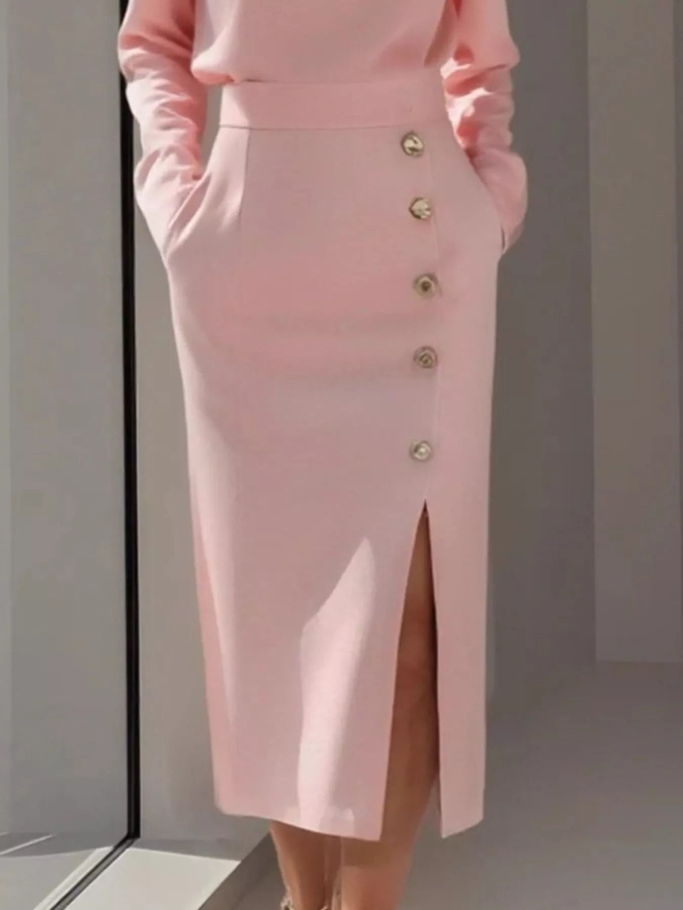 Long Sleeve Button Detail Midi Dress with Side Slit outfit inspiration