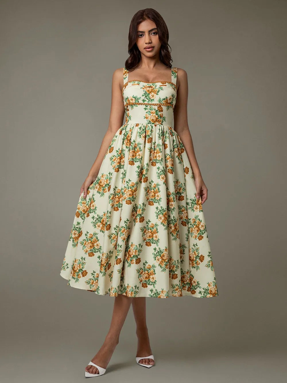 Lace Trim Floral Sleeveless Midi Dress side detail