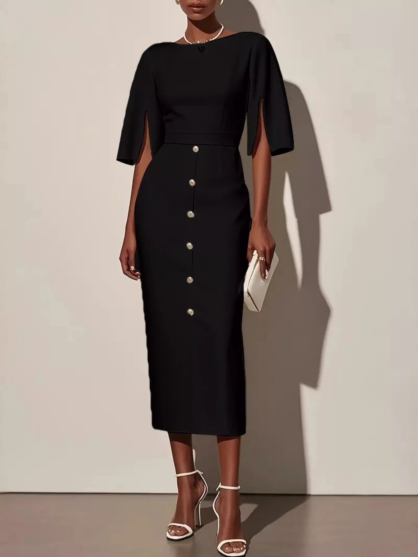 Slit Sleeve Midi Dress with Decorative Button back view