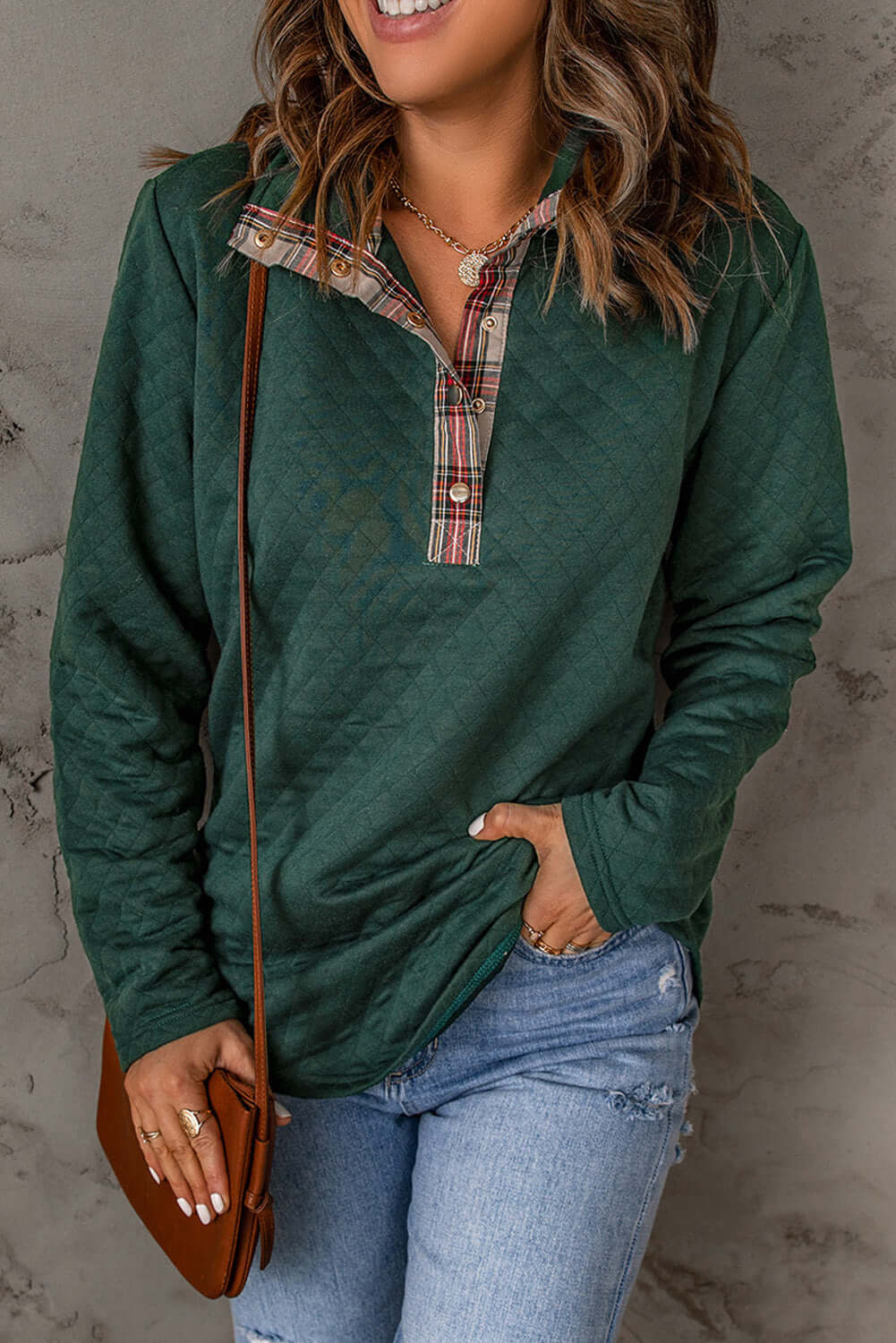 Plaid Trim Sweatshirt with Geometric Texture Design