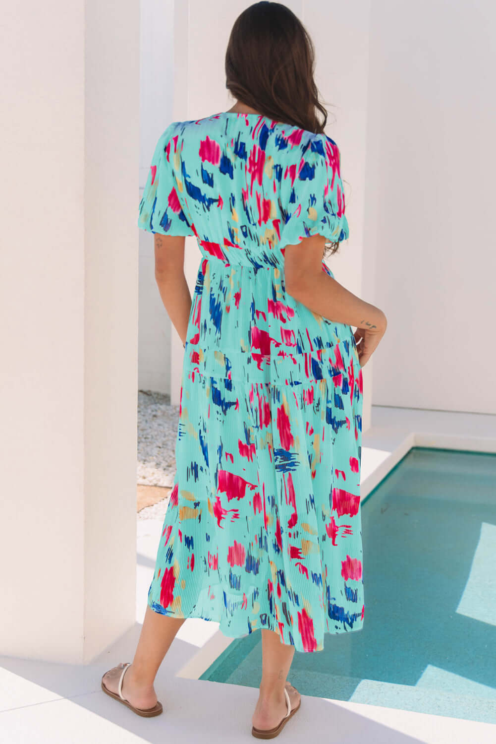Abstract Puff Sleeve Dress With Elegant V Neck And High Waist