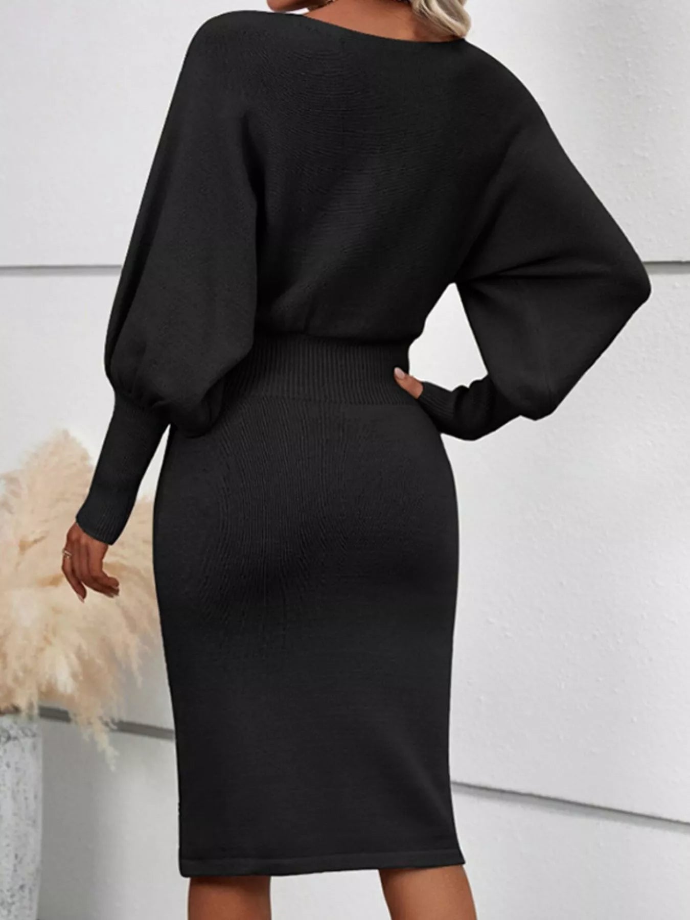Lantern Sleeve Bodycon Sweater Dress back view