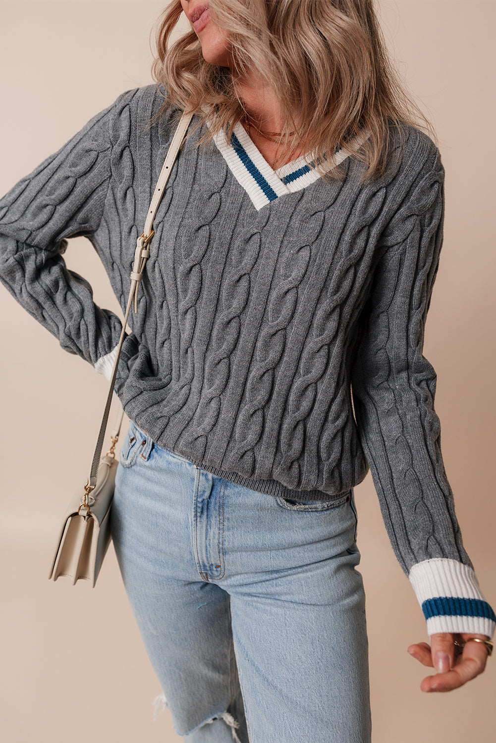  Color Contrast Cable Knit Sweater with Elegant V Neck