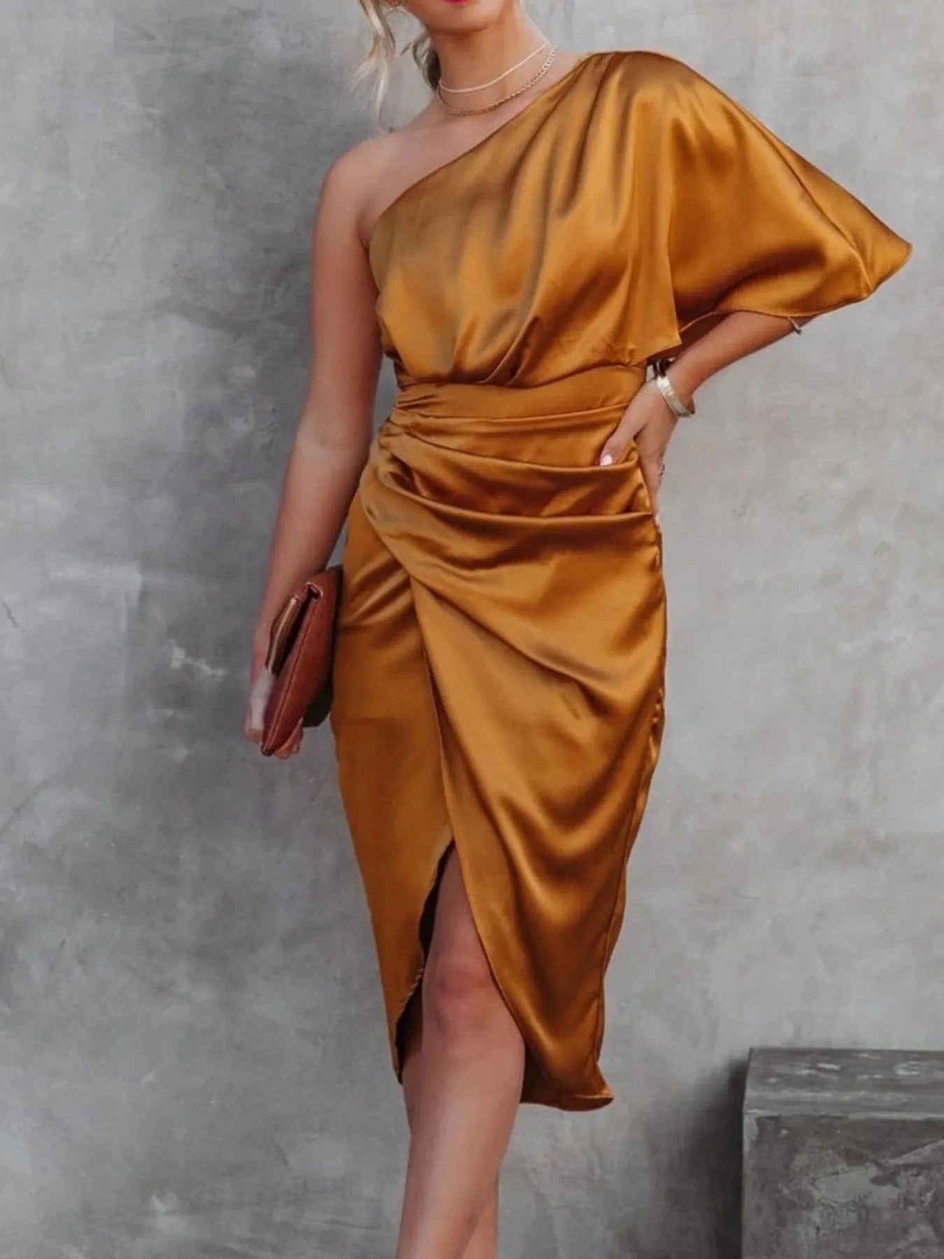 One Shoulder Satin Wrap Dress with Side Slit