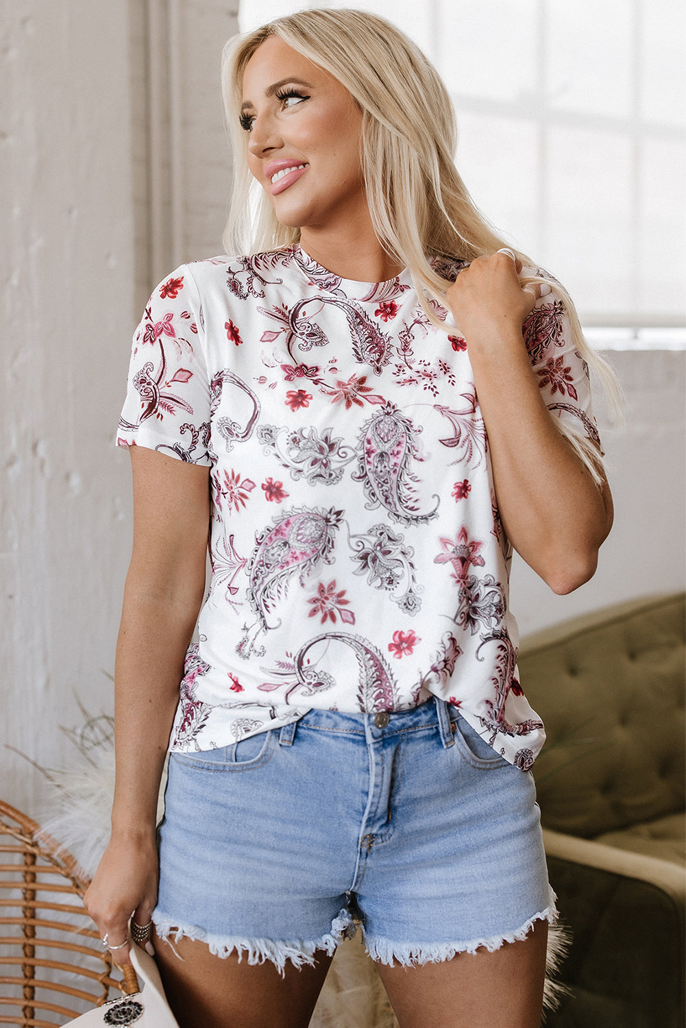  Paisley Mock Neck Top with Retro Charm
