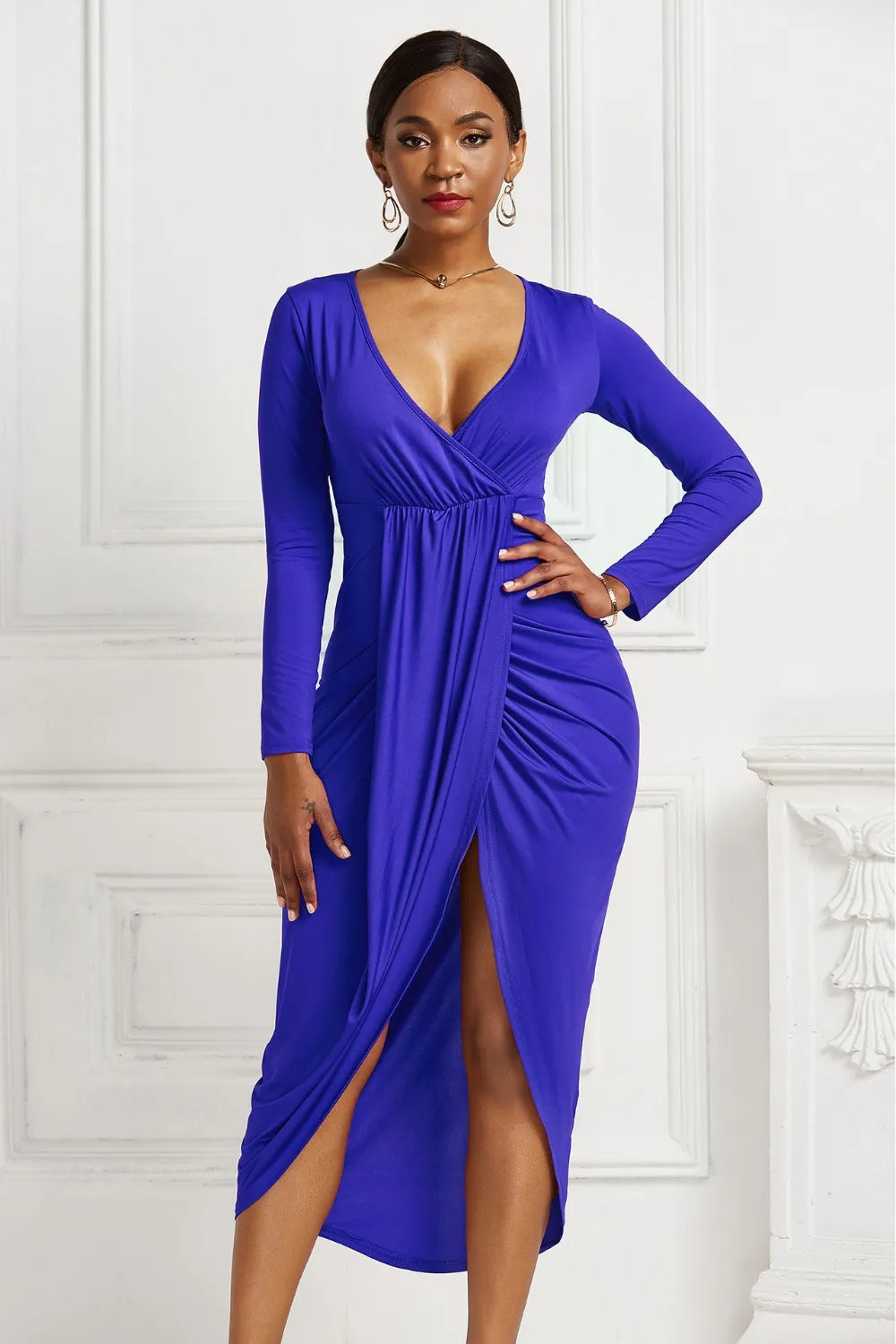High-Low Ruched Surplice Long Sleeve Dress side view