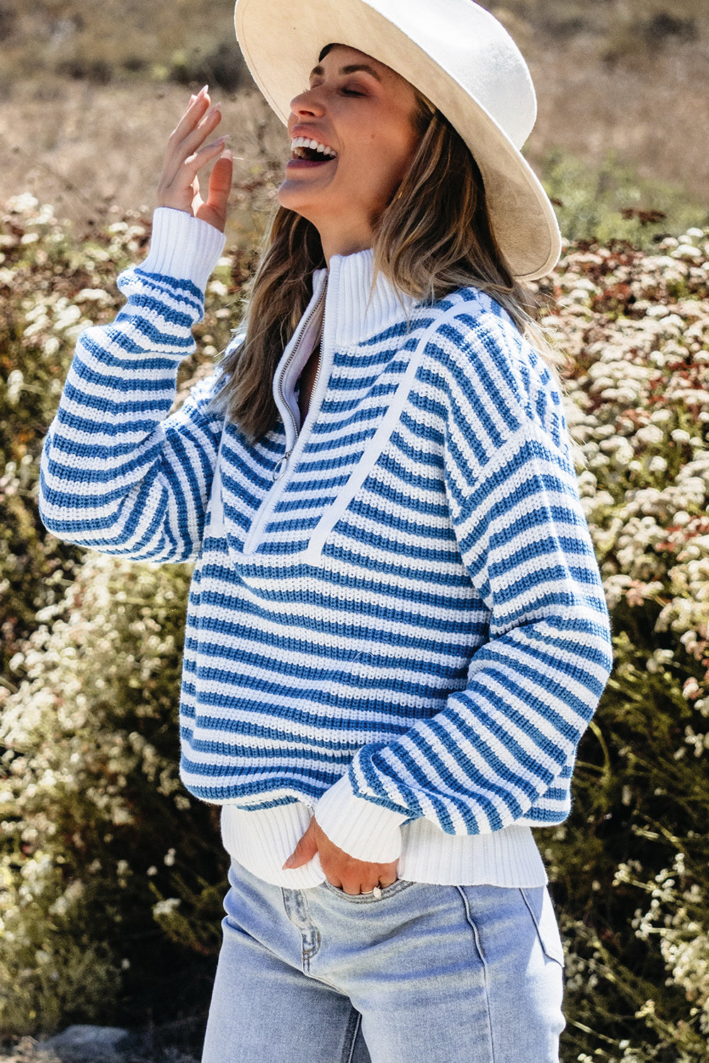 Striped Zip Up Sweater - Trendy Drop Shoulder Style