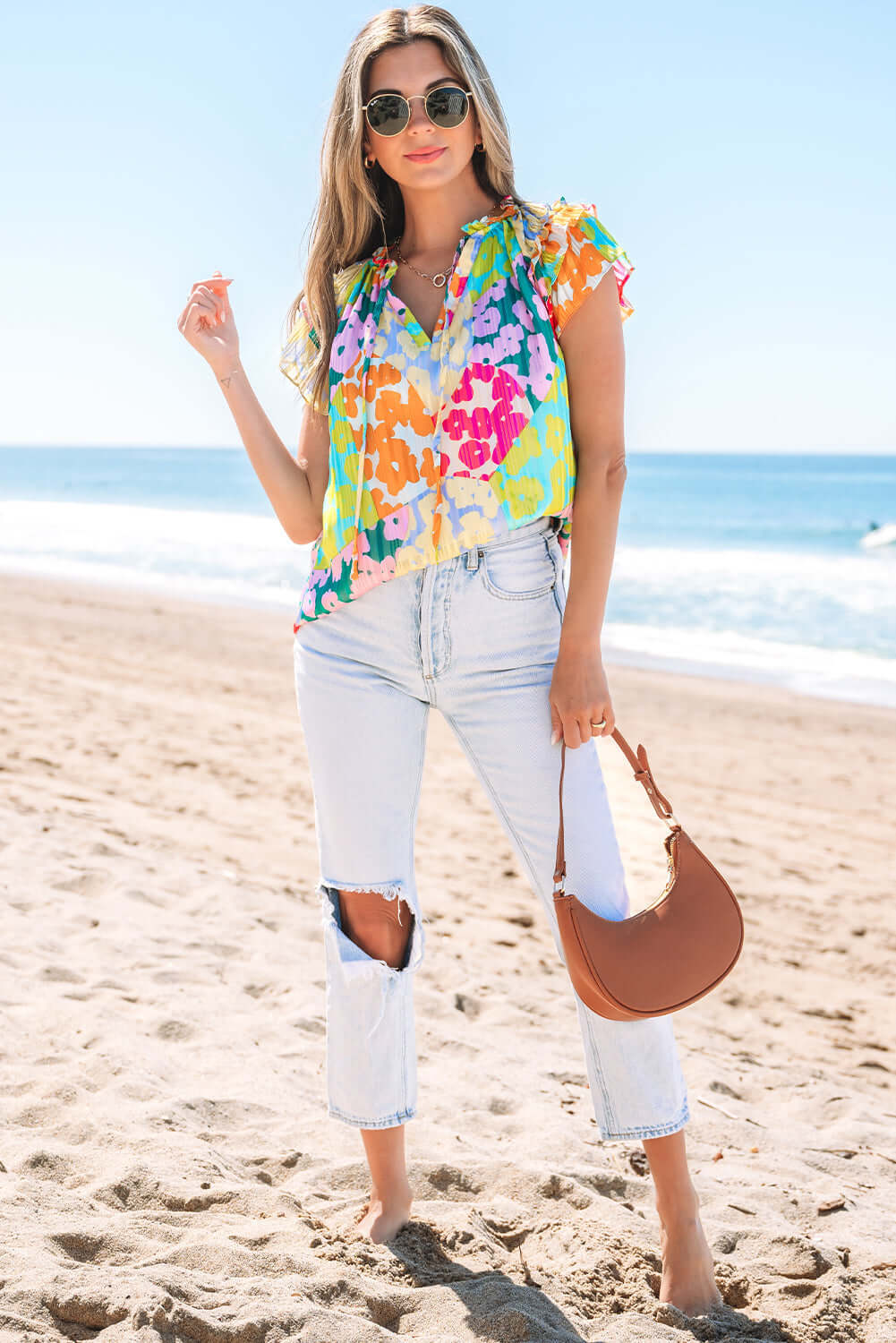 Leopard Patchwork Print Top with Ruffle Sleeves