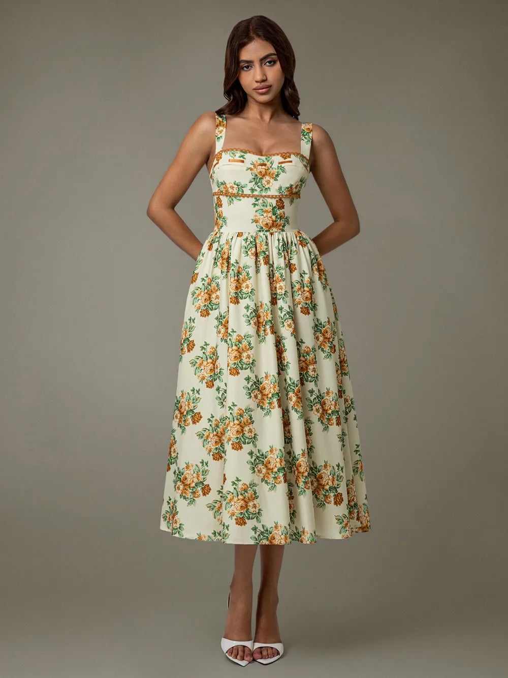 Lace Trim Floral Sleeveless Midi Dress side detail