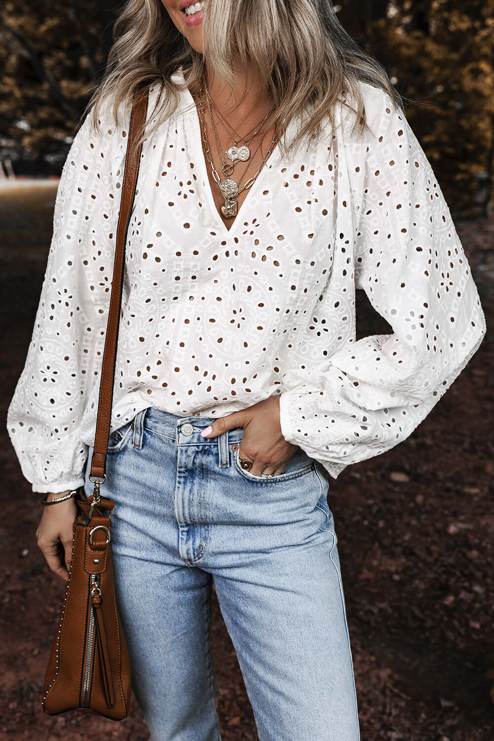 White Eyelet V Neck Puff Sleeve Blouse - Chic Cotton Top