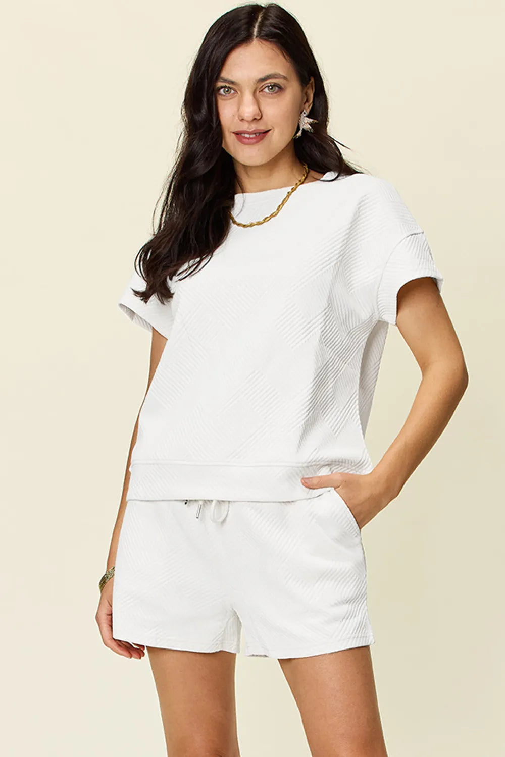 Full Size Texture T-Shirt and Shorts Set with Drawstring