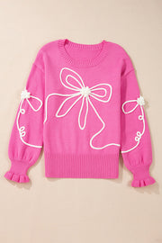 Corded Flower Bow Ribbed Trim Casual Sweater-4