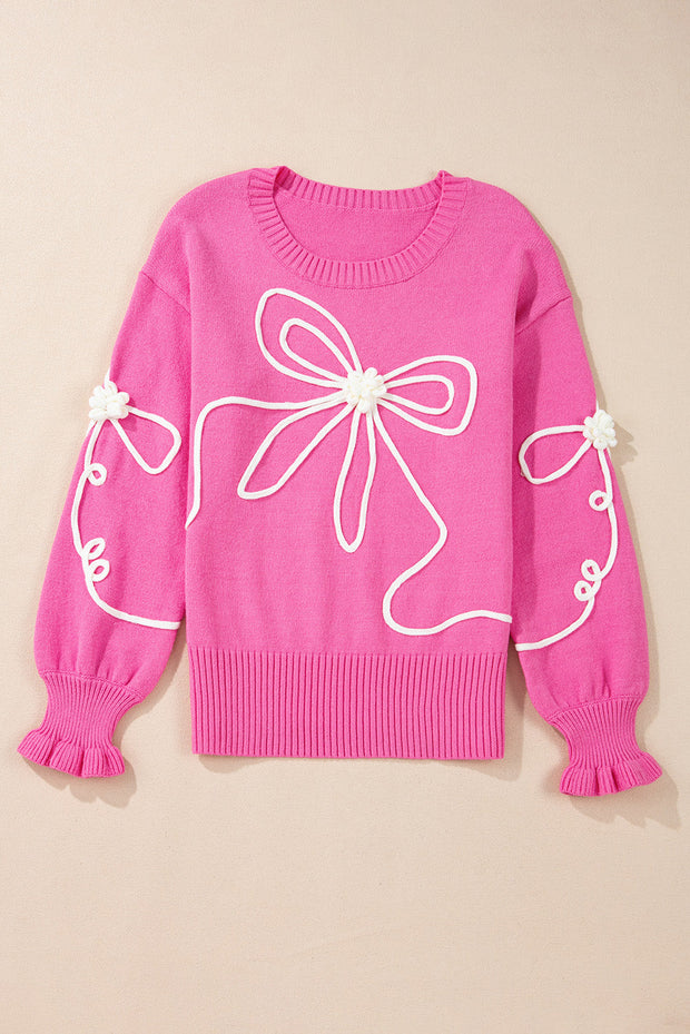 Corded Flower Bow Ribbed Trim Casual Sweater-4