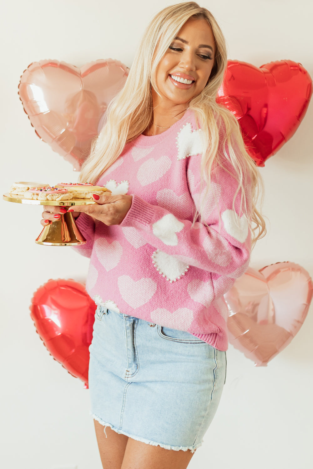 Valentines Day Sweater with Pearled Heart Details