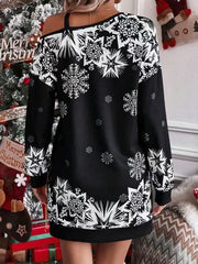 Christmas Snowflake Print Long Sleeve Sloping Shoulder Dress Women