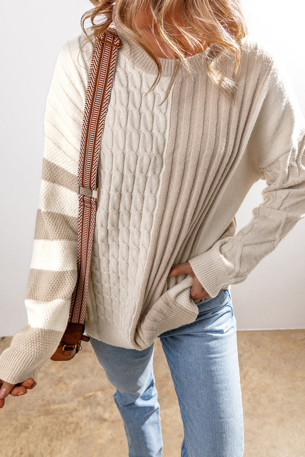 Color Block Cable Knit Sweater with Crew Neck Design