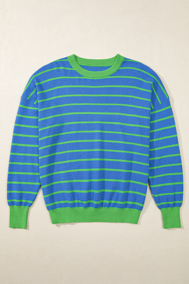Briar Stripe Trimmed Round Neck Loose Sweater-6