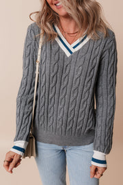 Kayle Ribbed Edge Cable Knit V Neck Sweater-2