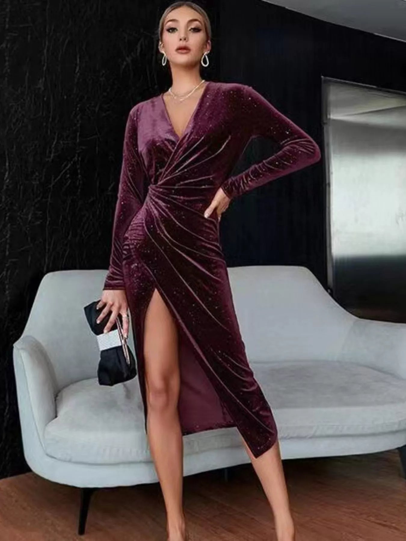 Velvet Ruched Slit Midi Dress front view