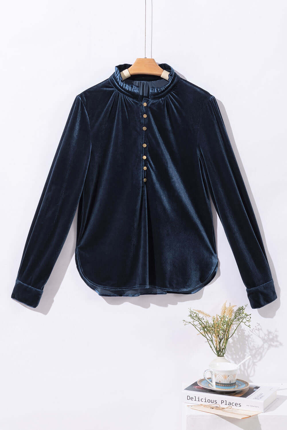  Velvet Frilly Neck Buttoned Top for Elegant Style