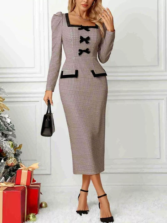 Houndstooth Bow Square Neck Dress front view