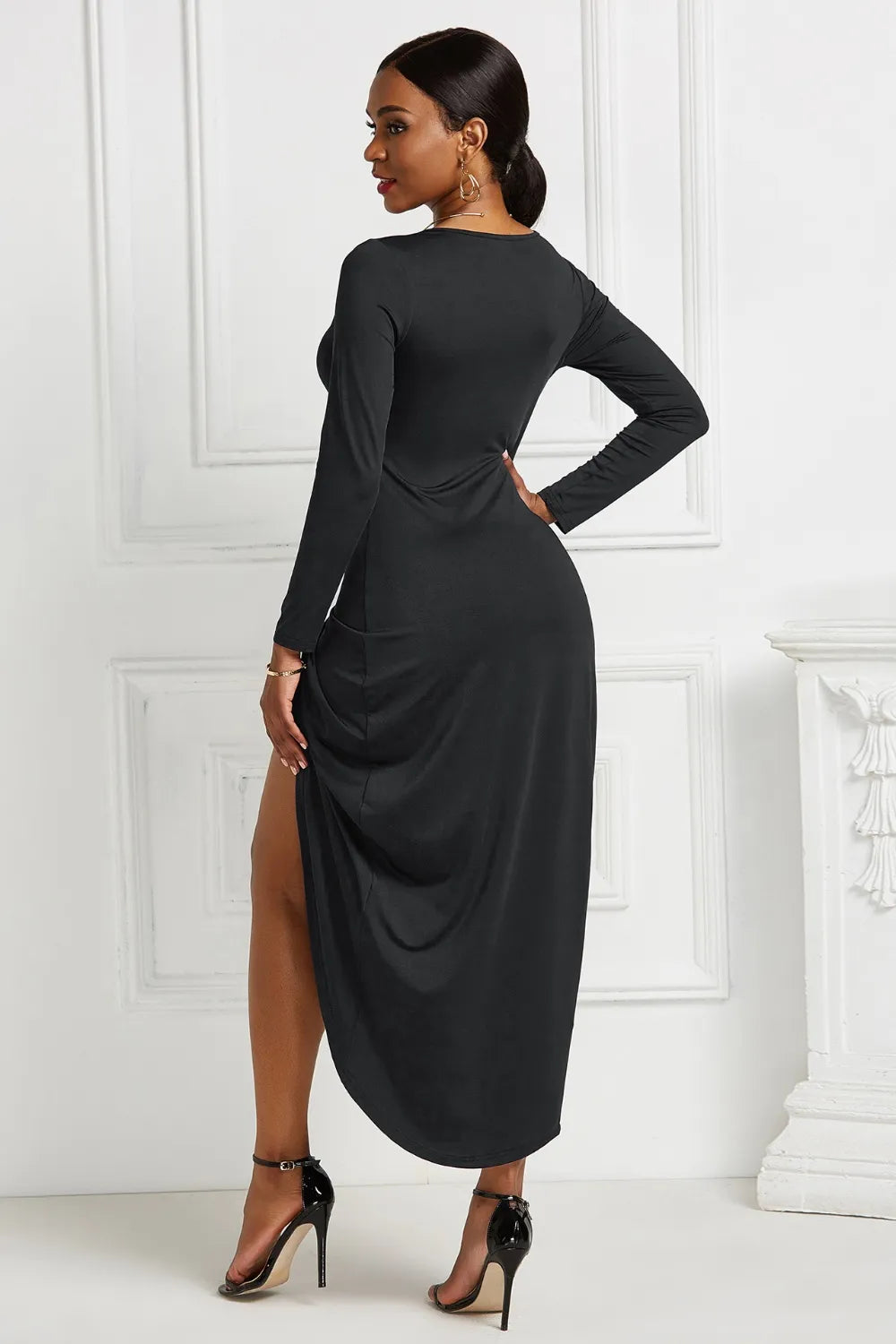High-Low Ruched Surplice Long Sleeve Dress side view