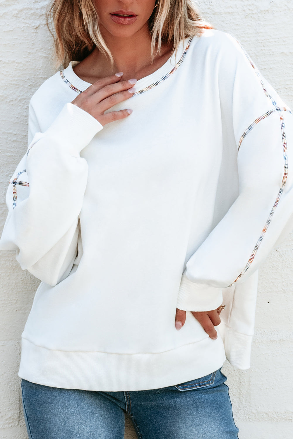 Colorful Trim Drop Shoulder Pullover for Women