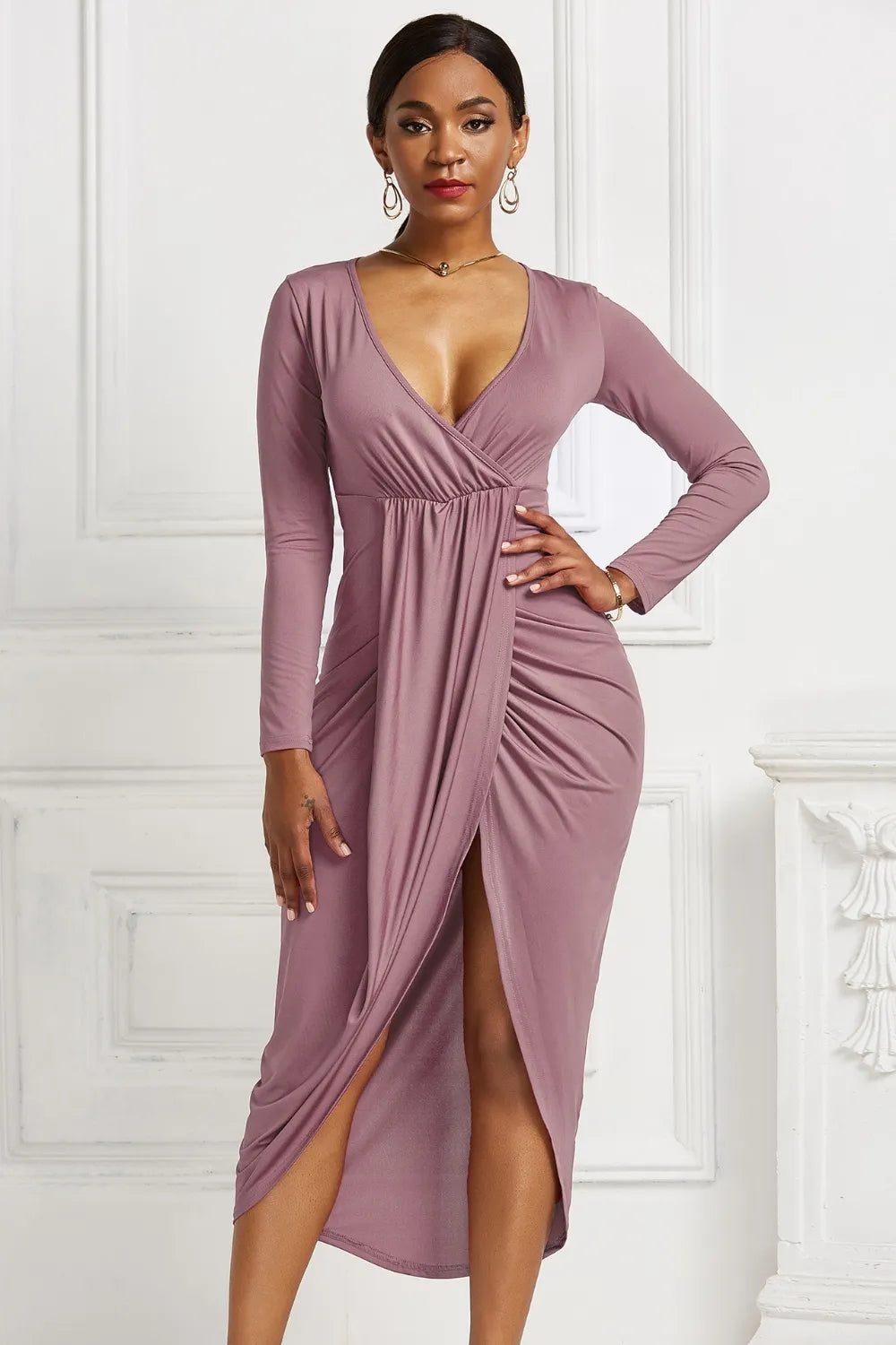 High-Low Ruched Surplice Long Sleeve Dress side view