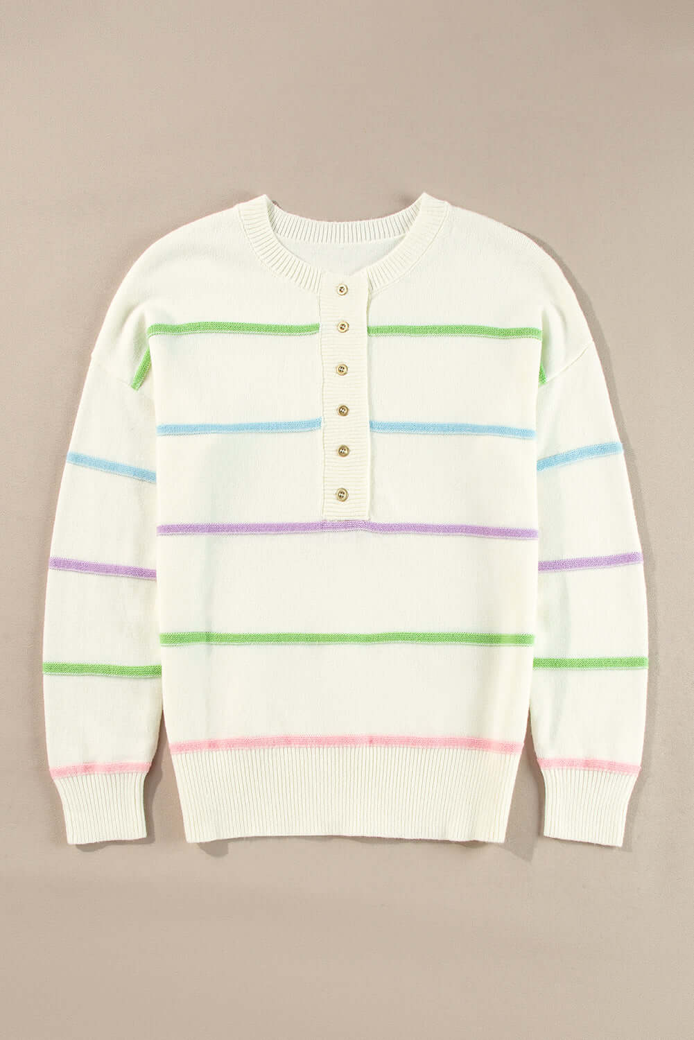 Rainbow Stripe Baggy Henley Sweater - Playful and Cozy Style