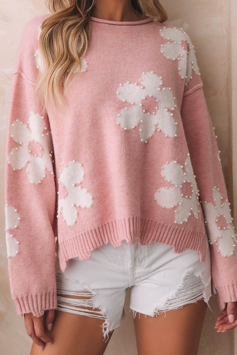 Floral Pearl Distressed Sweater with Drop Shoulder and Ribbed Cuffs