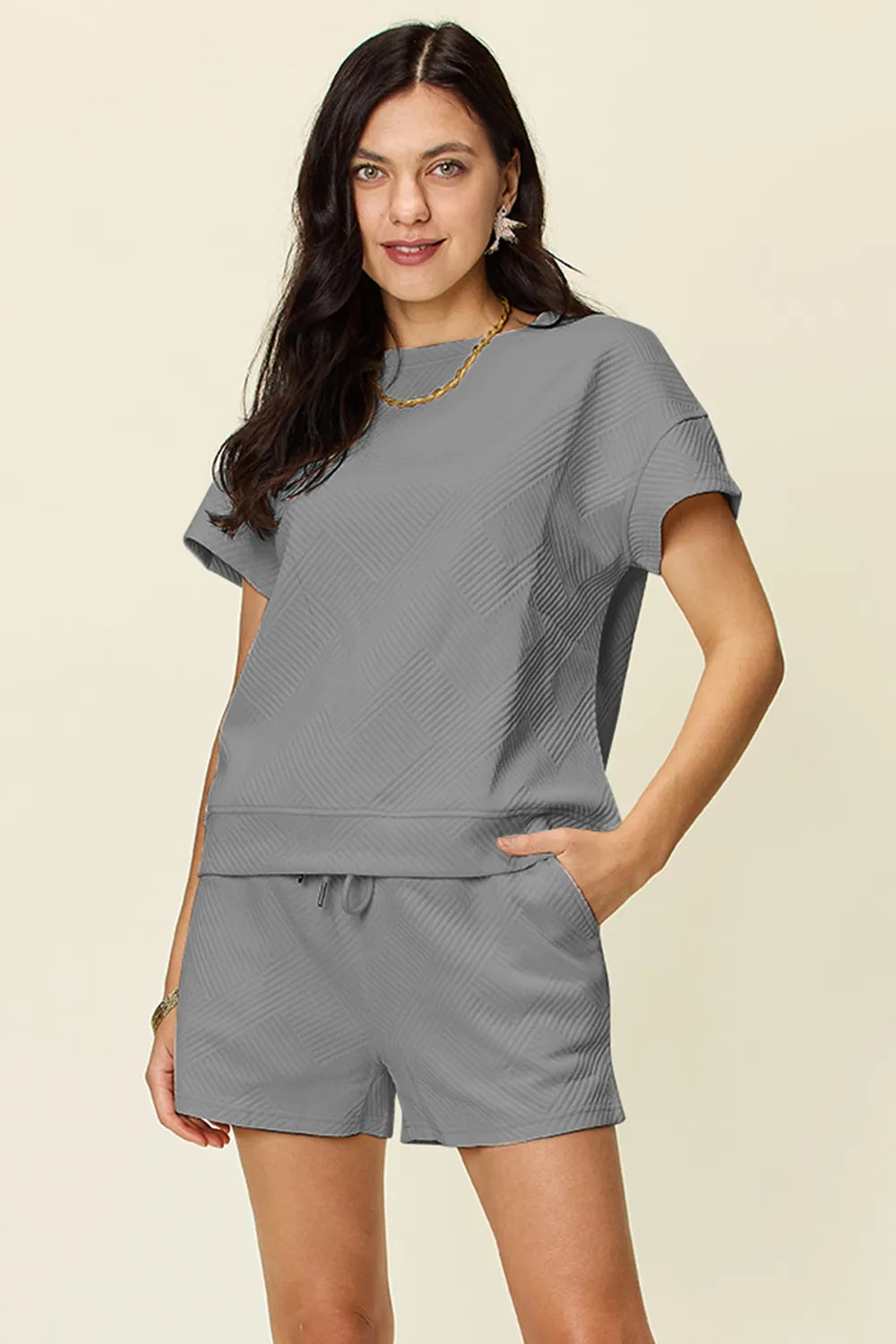 Full Size Texture T-Shirt and Shorts Set with Drawstring