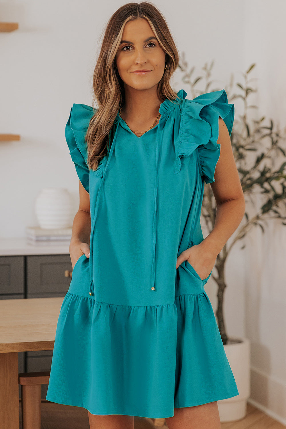 Ruffle V Neck Dress with Drawstring Neckline and Side Pockets