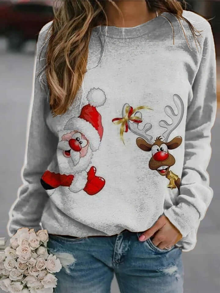 Printed Santa High Collar Sweatshirt Loose Casual Pullover
