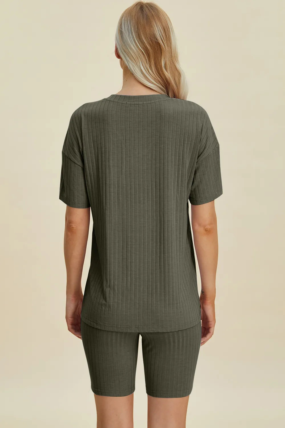 Ribbed V-Neck Short Sleeve Top and Shorts Set for Women