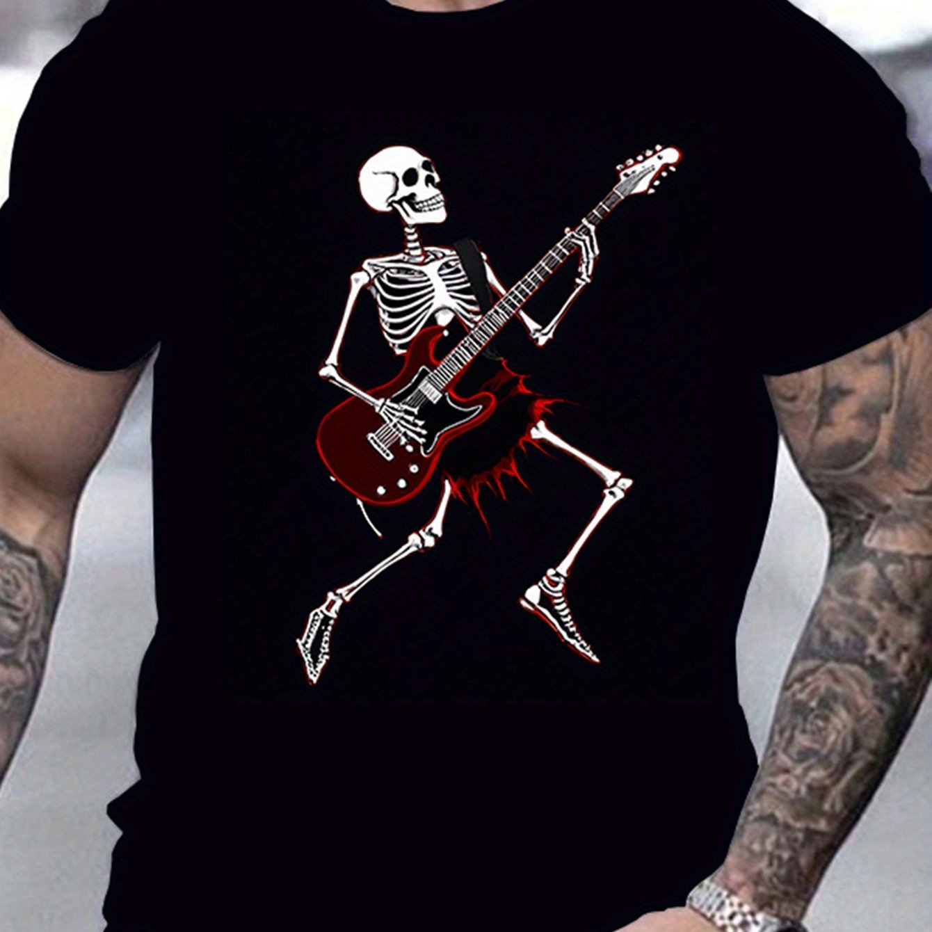 Men's Skull Guitar Patterned Round Neck T-shirt, Summer Casual Streetwear, Casual And Halloween Party Wear