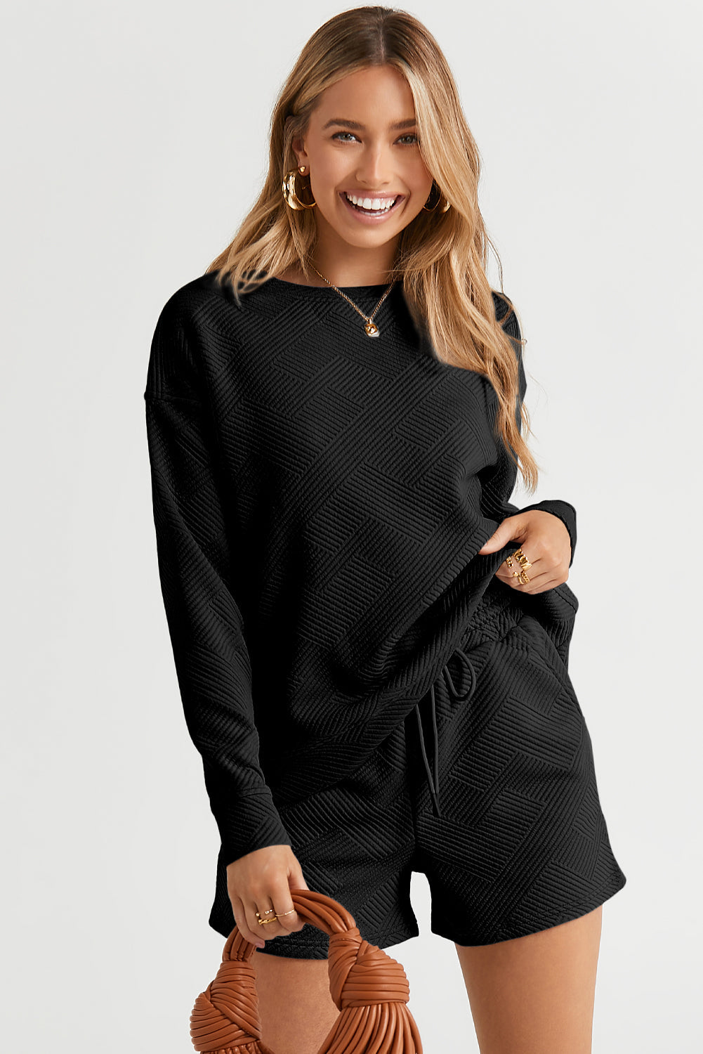 Textured Long Sleeve Top and Drawstring Shorts Set