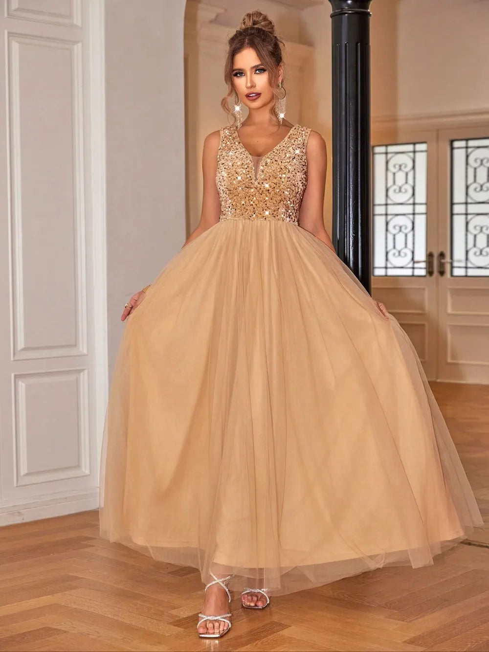 Front view of Sequin V-Neck Sleeveless Dress – sparkling evening dress