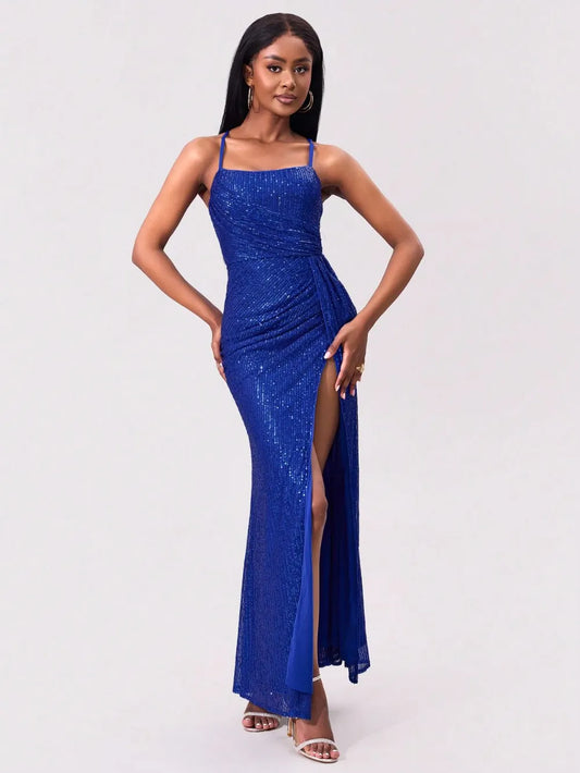Sequin Spaghetti Strap Dress with Side Slit
