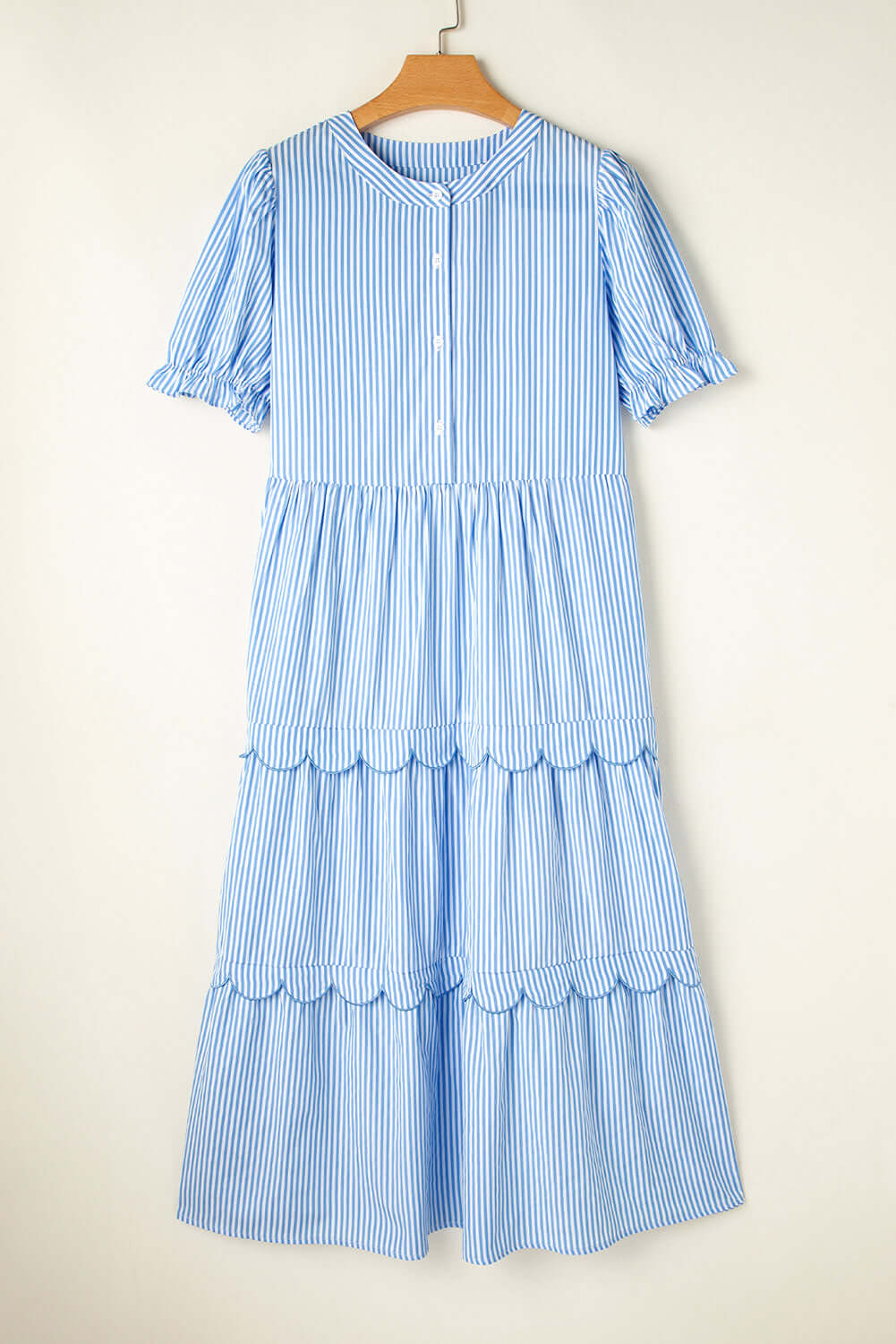 Bubble Short Sleeve Tiered Scallop Long Dress - Elegant Striped Style