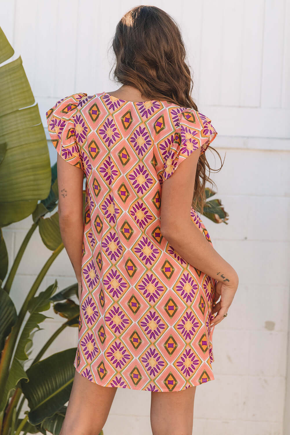 Geometric Floral Ruffle Sleeve Dress - Elegant Western Style