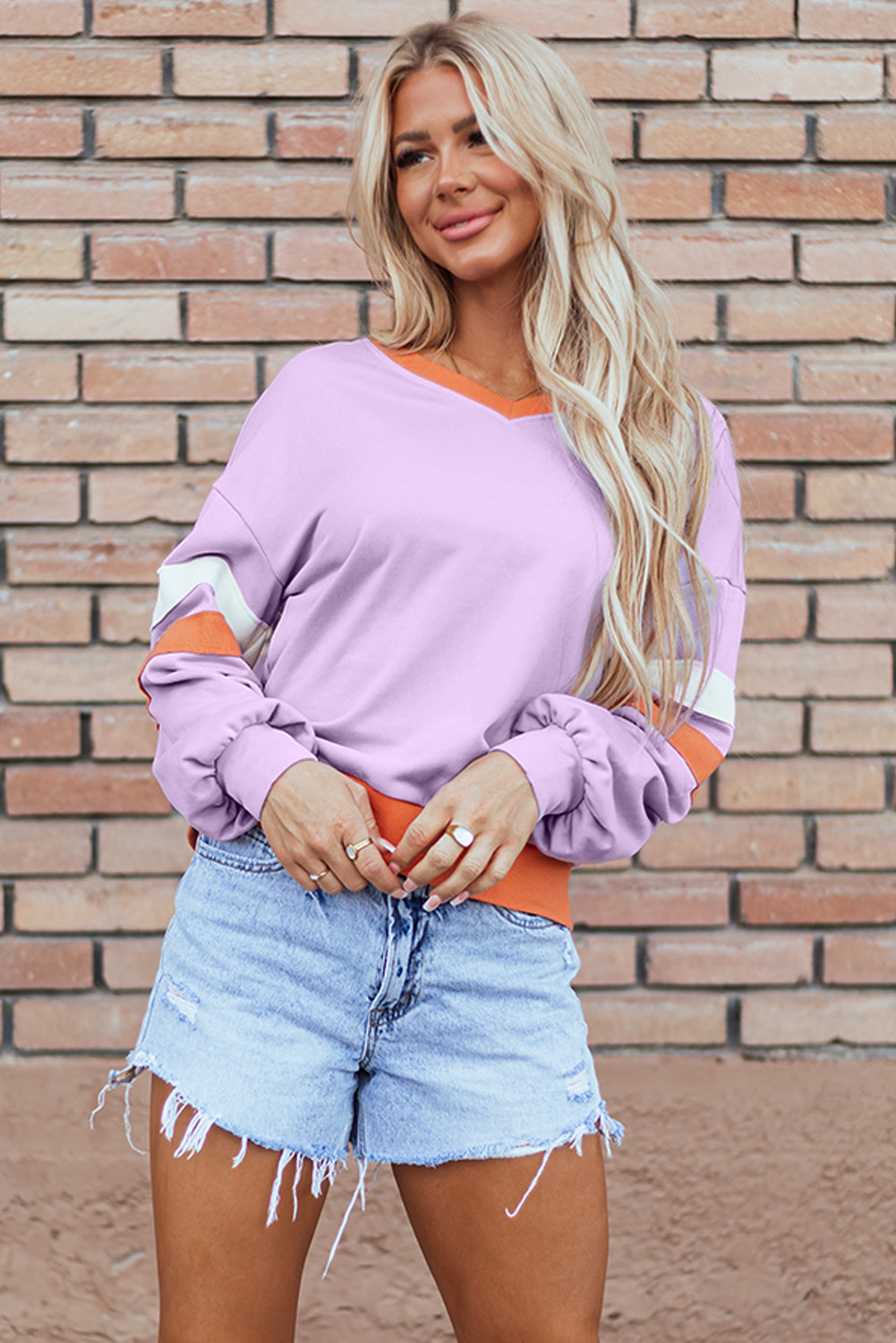 Patchwork V-Neck Colorblock Sweatshirt for Women 