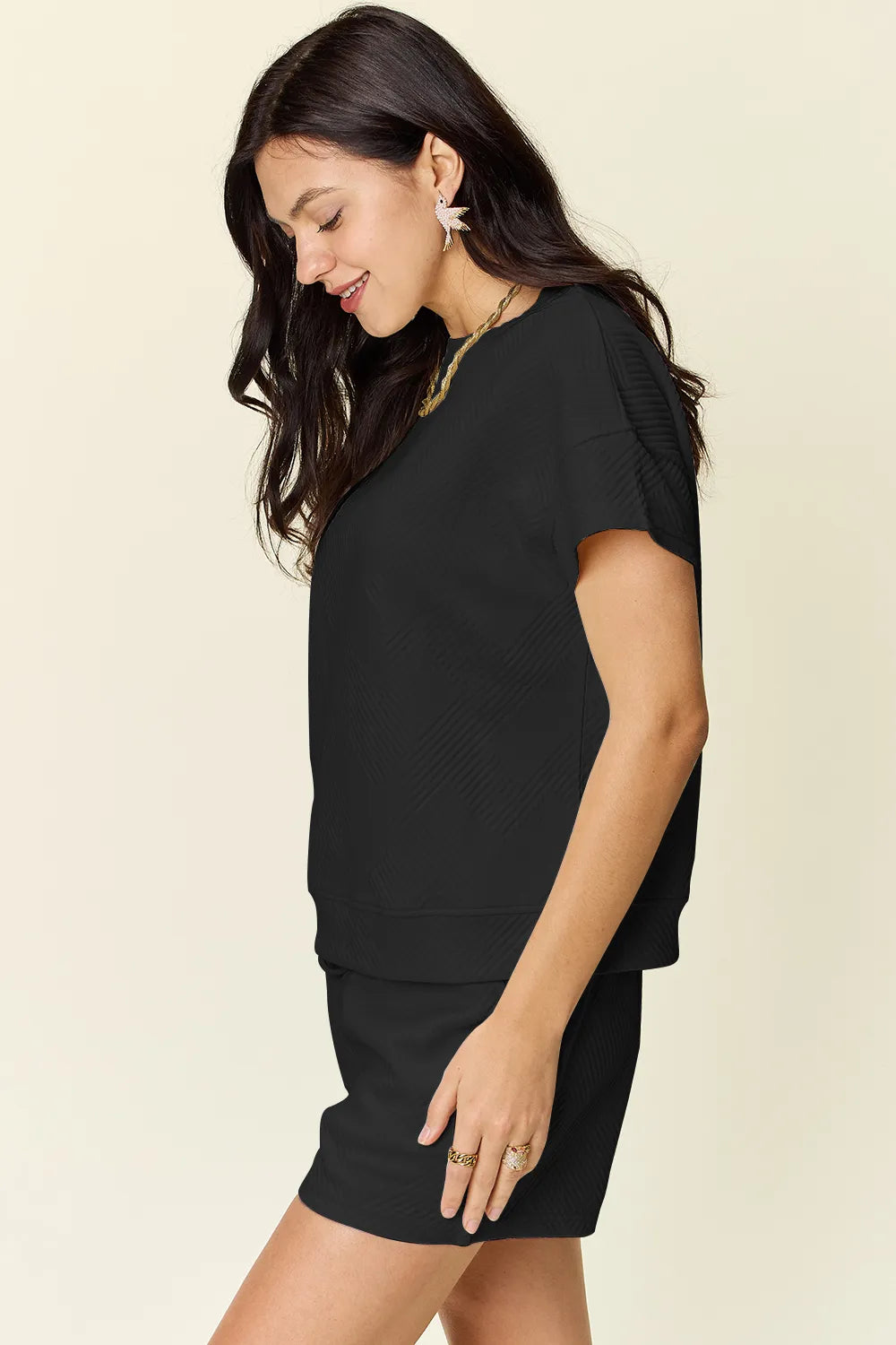 Full Size Texture T-Shirt and Shorts Set with Drawstring