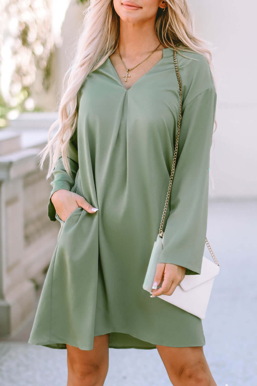 Casual V Neck Dress with Roll Tab Sleeves