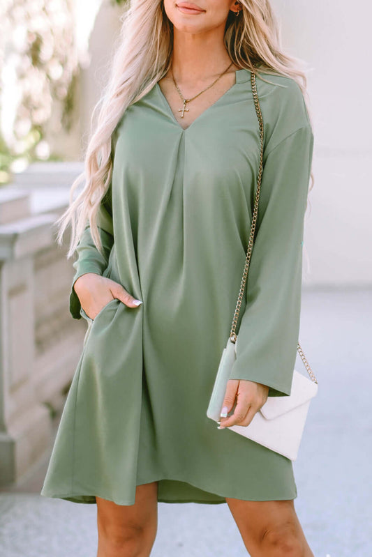 Casual V Neck Dress with Roll Tab Sleeves