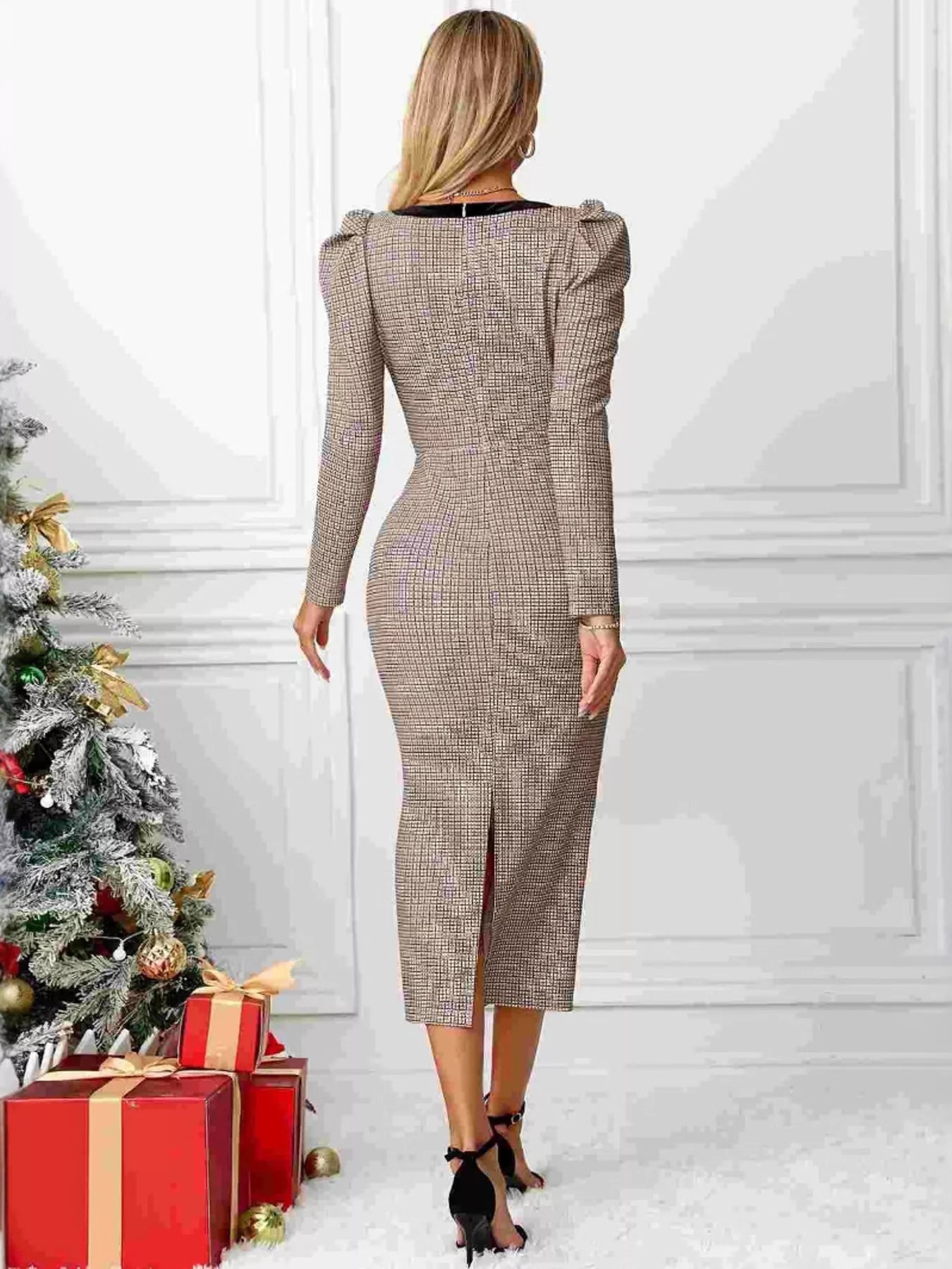 Houndstooth Bow Square Neck Dress front view