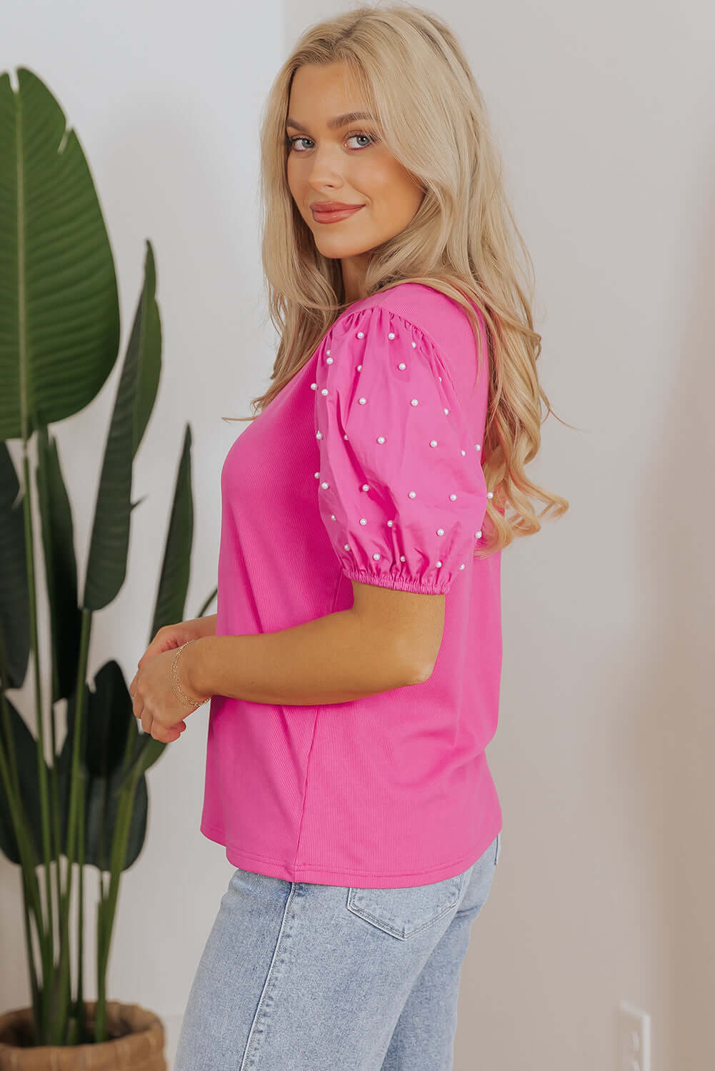 Ribbed Pearl Beaded Puff Sleeve Top with Elegant Texture