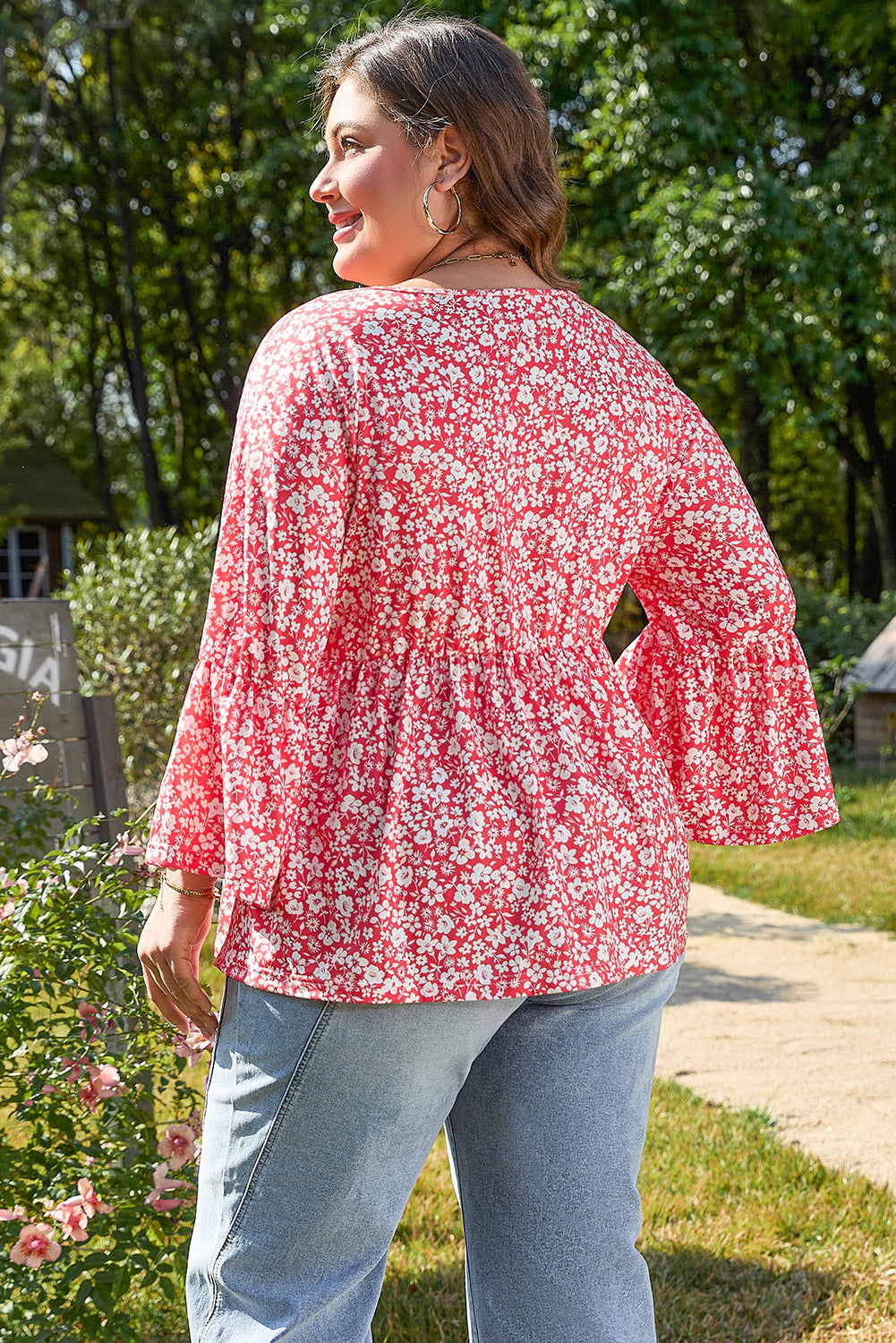 Floral Print V Neck Blouse - Elegant Flared Sleeve Style