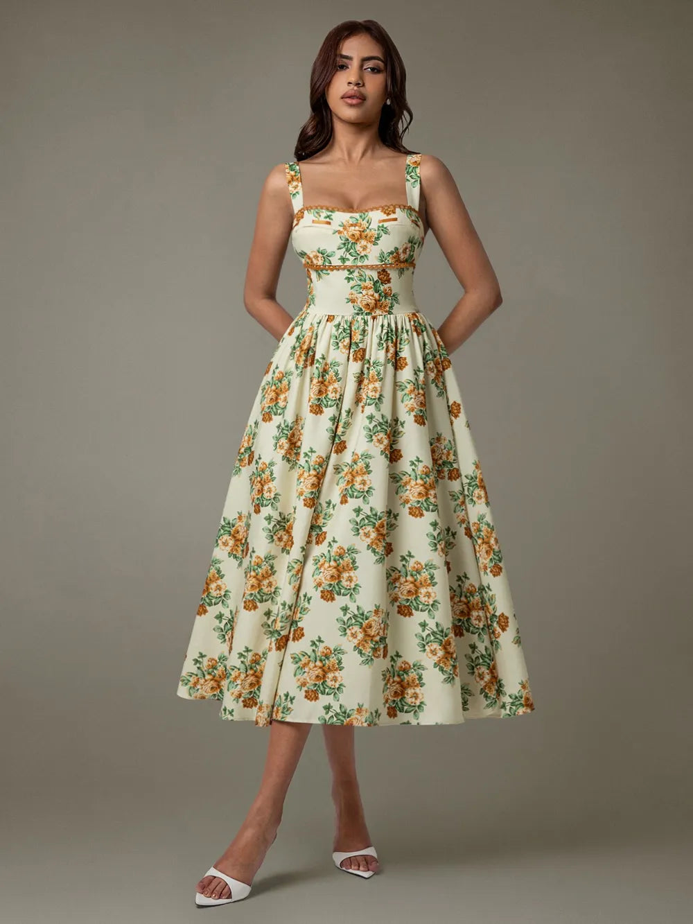 Lace Trim Floral Sleeveless Midi Dress side detail