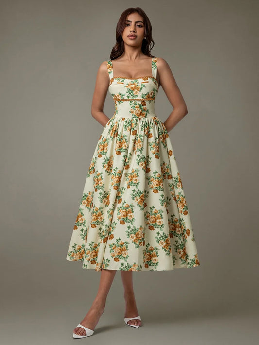 Lace Trim Floral Sleeveless Midi Dress side detail